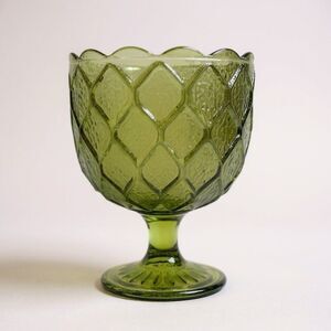 Indiana Glass Olive Green Diamond Pattern Pedestal Goblet Scalloped Edge Regent